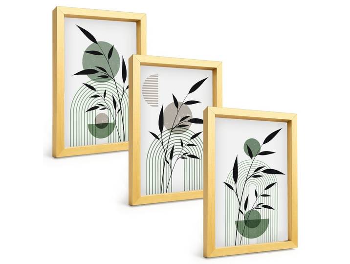 BILDER SET 3er Set - 20x30 cm Goldrahmen - Boho-Pflanzenkompositionen