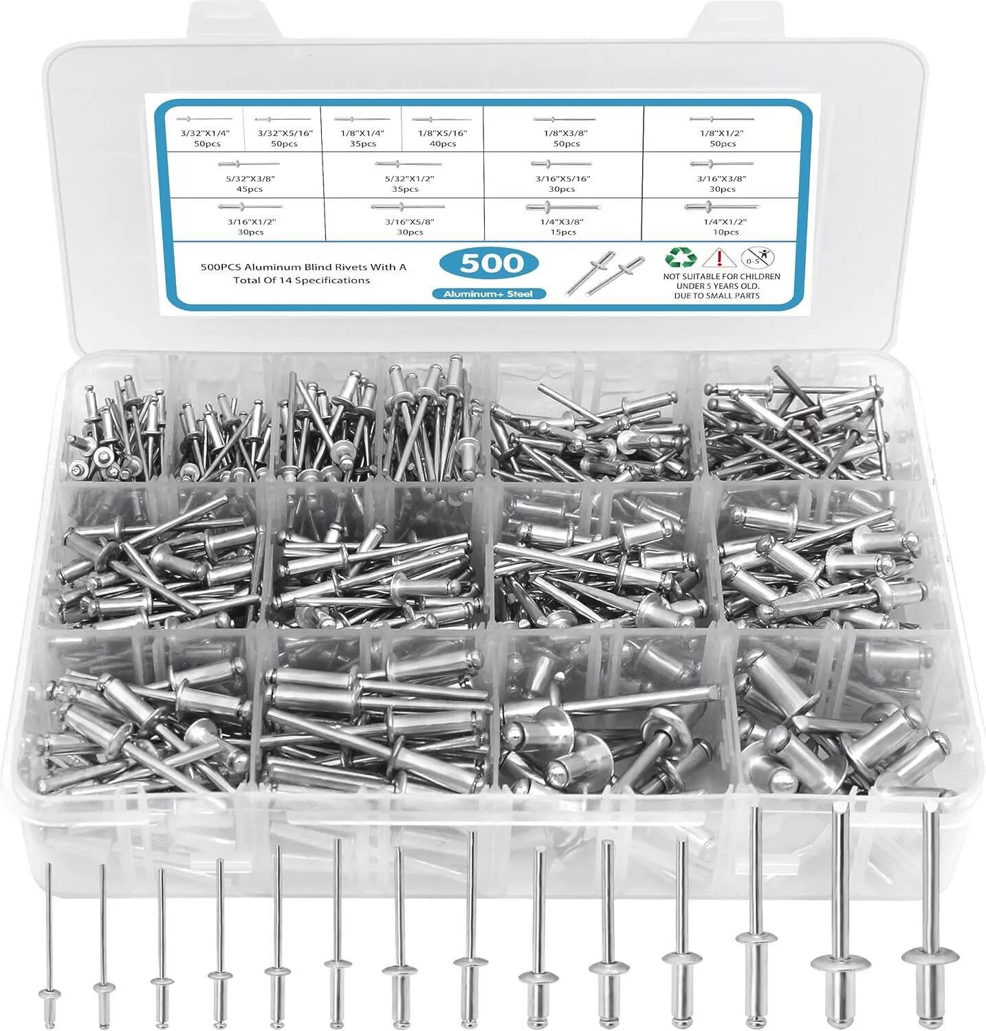 INF Kit de 500 Rivets Aveugles en Aluminium - Assortiment de Rivets Pop Argentés