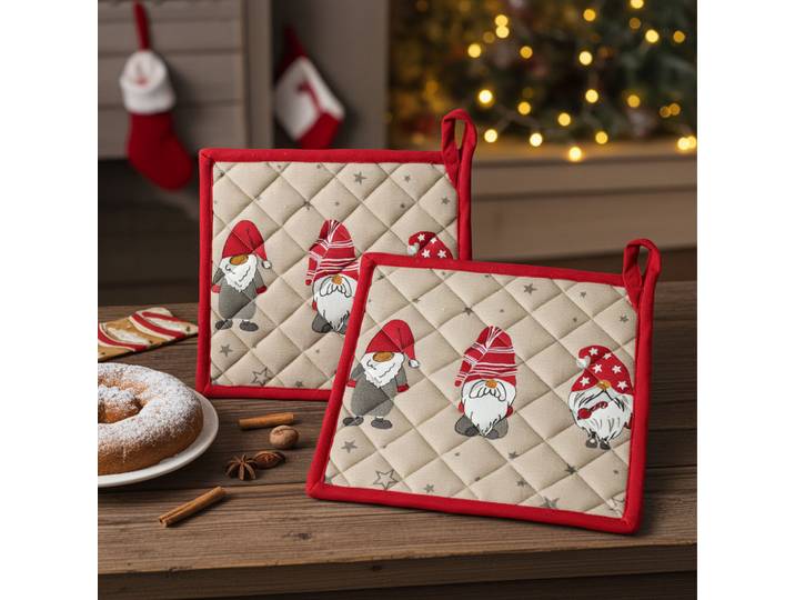 2er-Set Topflappen mit Weihnachts-Zwerg aus Baumwolle, 20 x 20 cm