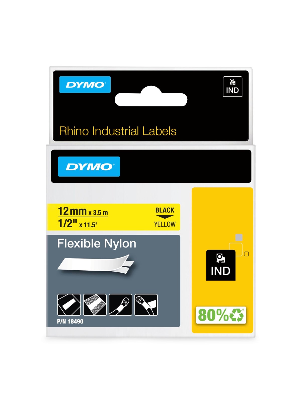 DYMO Rhino Industrie Nylonetiketten | flexibel | 12 mm x 3,5 m | schwarz auf gelbe