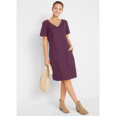Minikleid BONPRIX "Minikleid mit Leinen", Damen, Gr. 48, N-Gr, Kurzarm, lila (holunderbeere), Obermaterial: 55% Leinen, 45% Baumwolle, A-Linie, Kleider Minikleid, für warme Tage, aus Leinen und Baumwolle, A-Linie, mit V-Ausschnitt