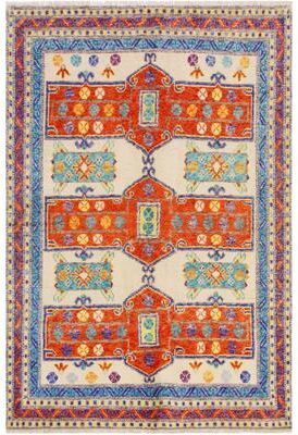 Treasured Knots Rustic Balochi Sparks Beige/Orange Hand Knotted Wool Rug - 5'8'' x 7'7''
