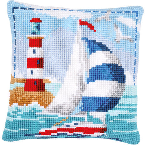 Kreuzstichkissen "Segelboot & Leuchtturm"