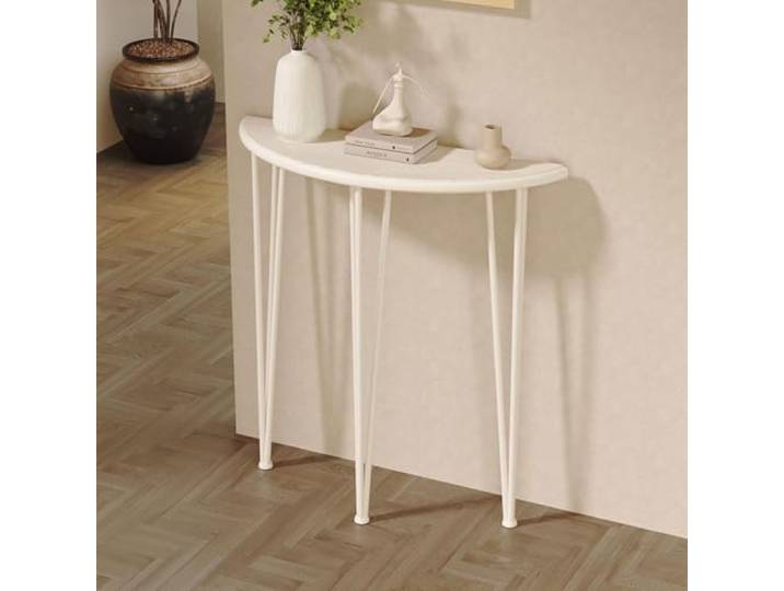 Konsolentisch Schmal Flur, Halbmund Eingangstisch aus Holz und Metall Platzsparender Beistelltisch für Flur,Wohnzimmer,kleine Räume,Robuster Sofatisch für Dekoration(White,31.5*35.4in/L80*90cm)