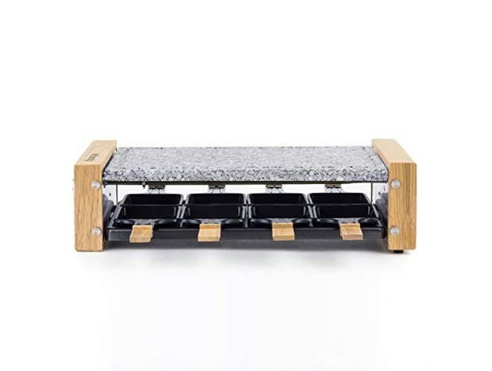 H.Koenig Multifunktionales Raclettegerät 8 Personen WOD8 Naturholzdesign, Herausnehmbarer Granitstein, Professionelles Käsefondue-Raclette, 8 antihaftbeschichtete Pfännchen, 8 Holzspatel
