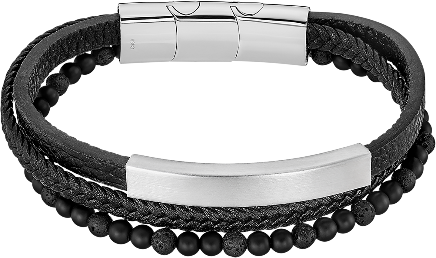 Armband LOTUS "Iron Road", schwarz, edelstahlfarben, schwarz, Armbänder, 21cm, Edelstahl Leder, Edelstahl, Leder, Armband, mit Lavastein, Onyx