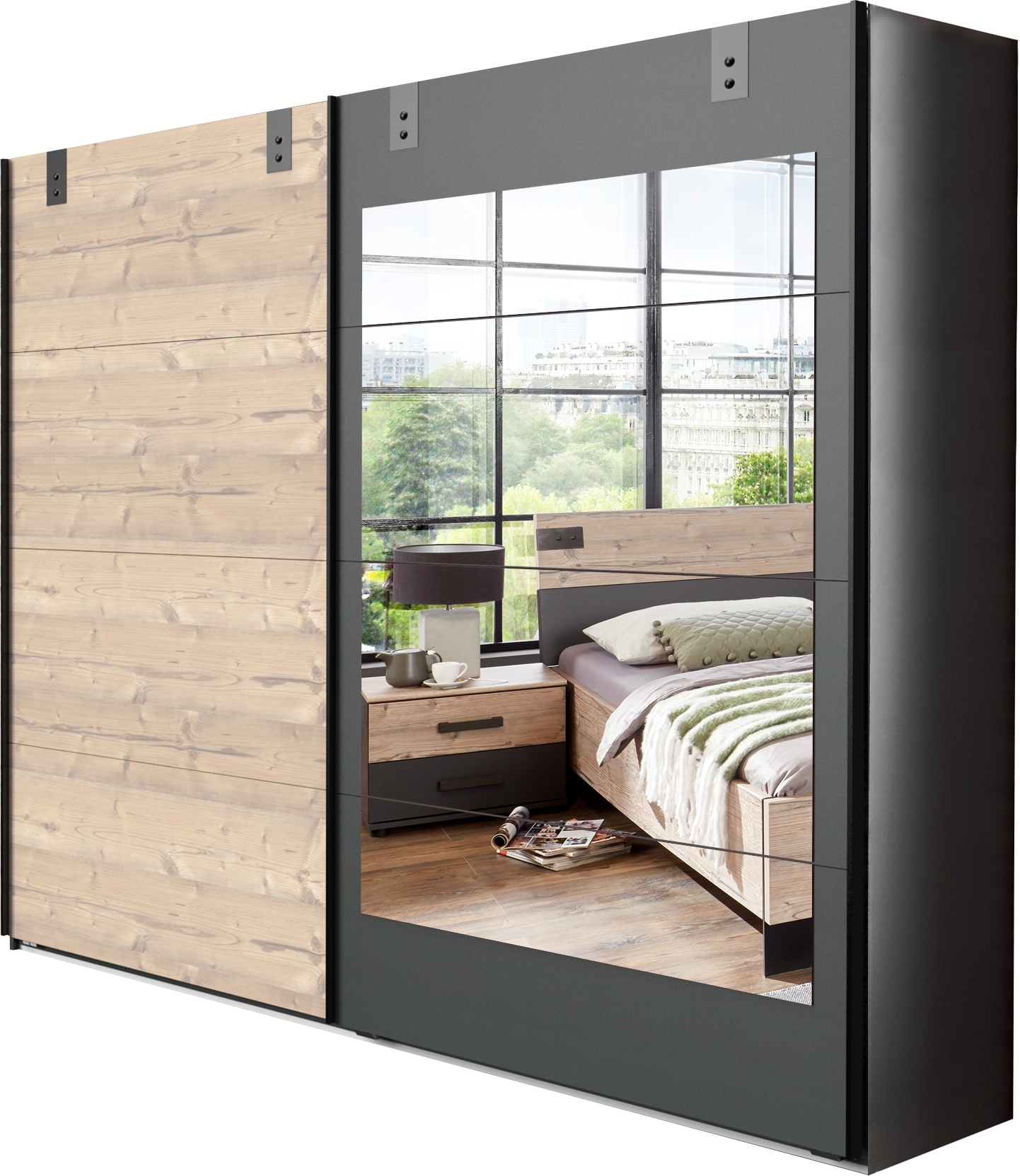 Kleiderschrank "Malmö" aus Spanplatte in Graphit mit Absetzungen in Silver Fir-Nahcbildung. Abmessungen (B/H/T) 225x210x65 cm