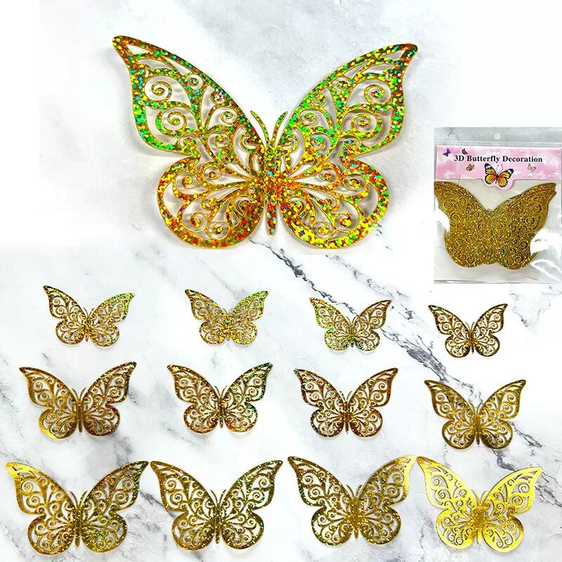 INF Autocollants Muraux Papillon 3D - Lot de 12 D Or