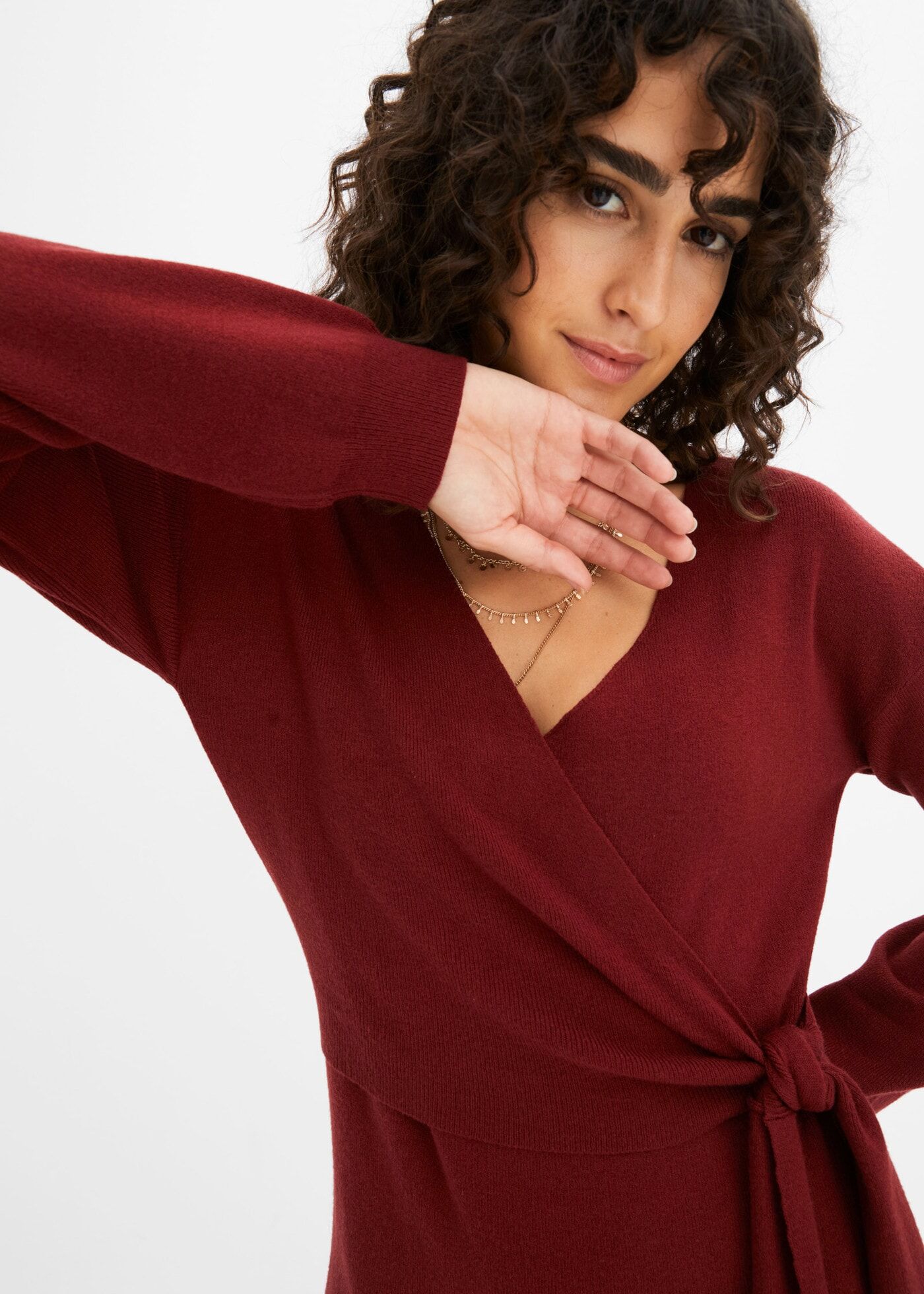 Strickkleid BONPRIX, Damen, Gr. 48/50 (XL), N-Gr, rot (kastanienrot), Obermaterial: 50% Viskose, 26% Polyamid, 24% Polyester, slim fit, Kleider Strickkleid, in Wickeloptik, mit V-Ausschnitt, slim fit kastanienrot 48/50 (XL), N-Gr