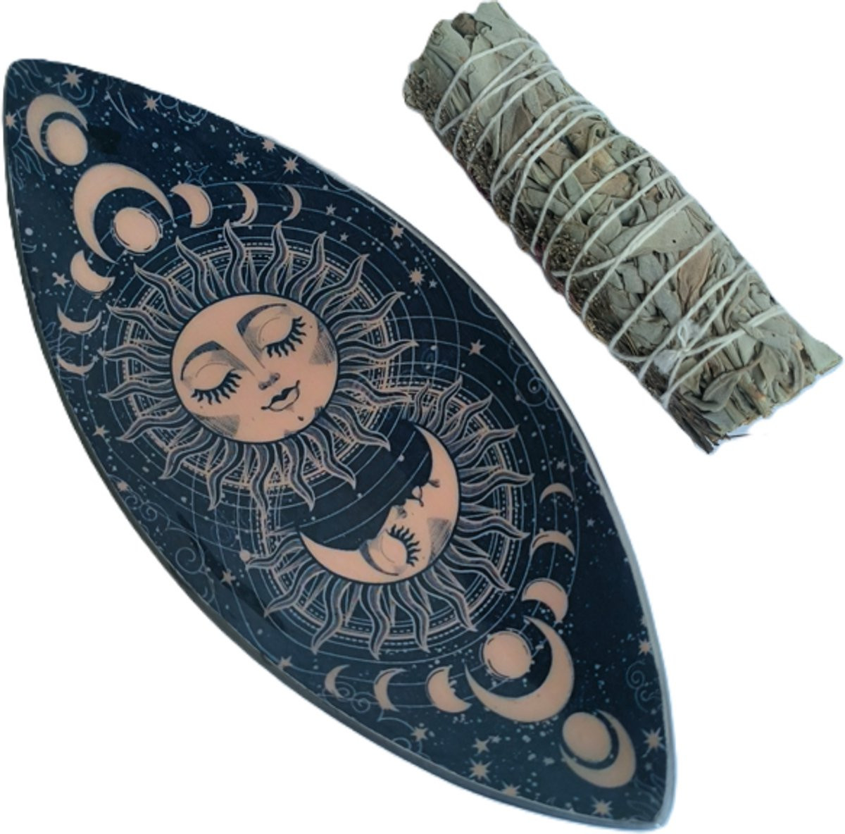 Witte Salie Smudge Set met Emaille Smudgeschaal met Maanfasen