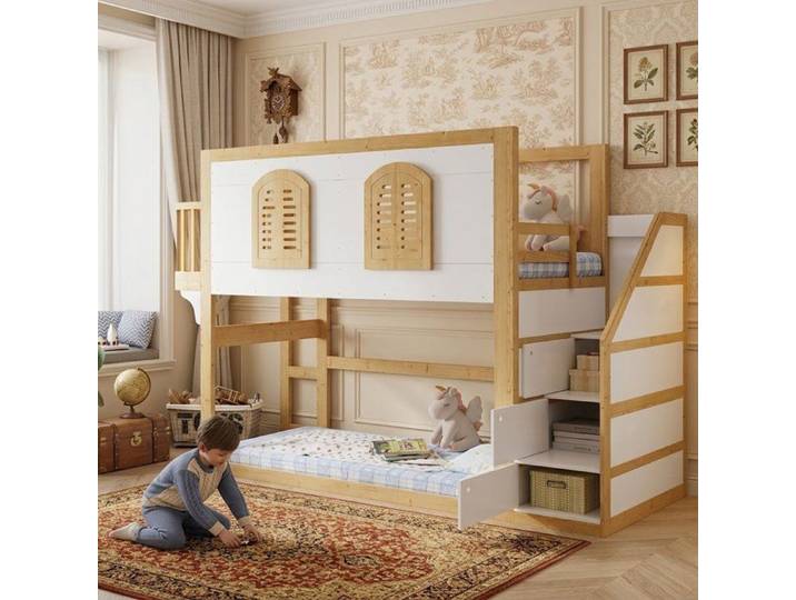 Lit mezzanine 90x200 avec escalier et rangement enfant bois massif