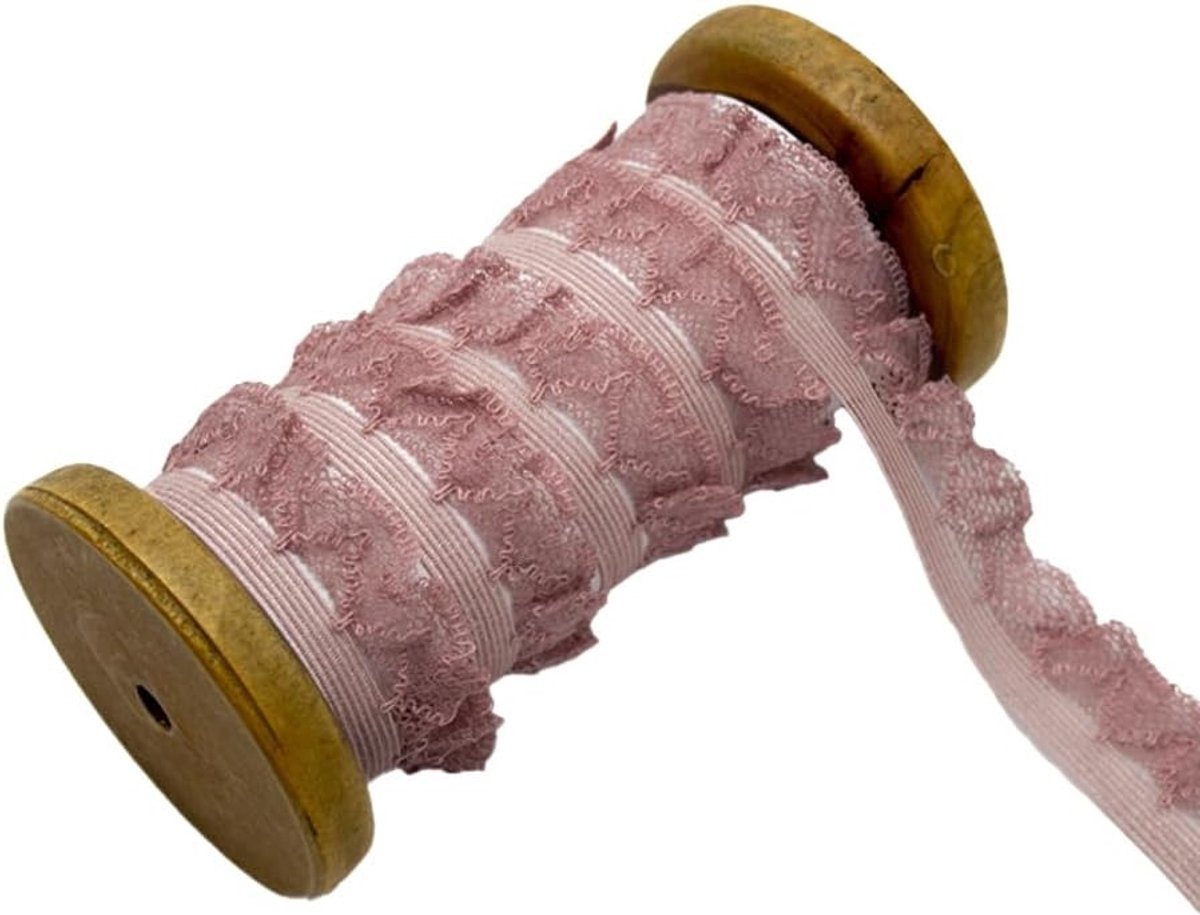 Oudroze geplooide chiffonband met kanten rand voor decoratie en handwerk, Breedte: 2 cm