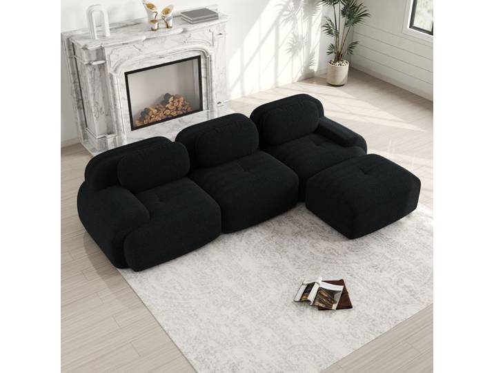 Canapé d'angle modulaire sans montage ergonomique - YEAVIO - accoudoirs larges structure sans cadre velours côtelé noir