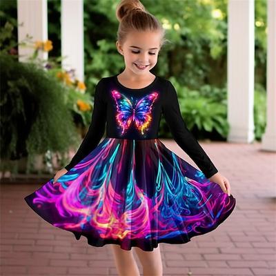 Mädchen' 3D Schmetterling Kleid Langarm 3D-Druck Frühling Herbst Urlaub Sport Natur Täglich Kuschelig Brautkleider schlicht Schön kinderkleidung 3-12 Jahre Casual kleid A Linie Kleid Übers Knie