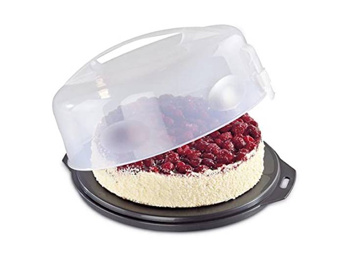 Xavax Kuchen-Transportbox rund mit Deckel Kuchenbehälter 31,5 cm Durchmesser, Innenhöhe 8 cm,Kuchenbox mit Stückeinteilungshilfe,Tortenplatte anthrazit, Transparent