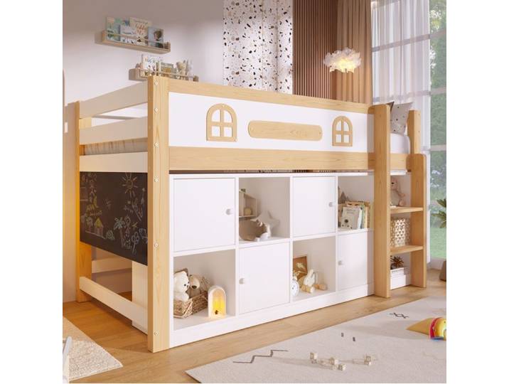 Lit mi-hauteur 90x200 cm avec tableau noir rangements et échelle enfant blanc et naturel
