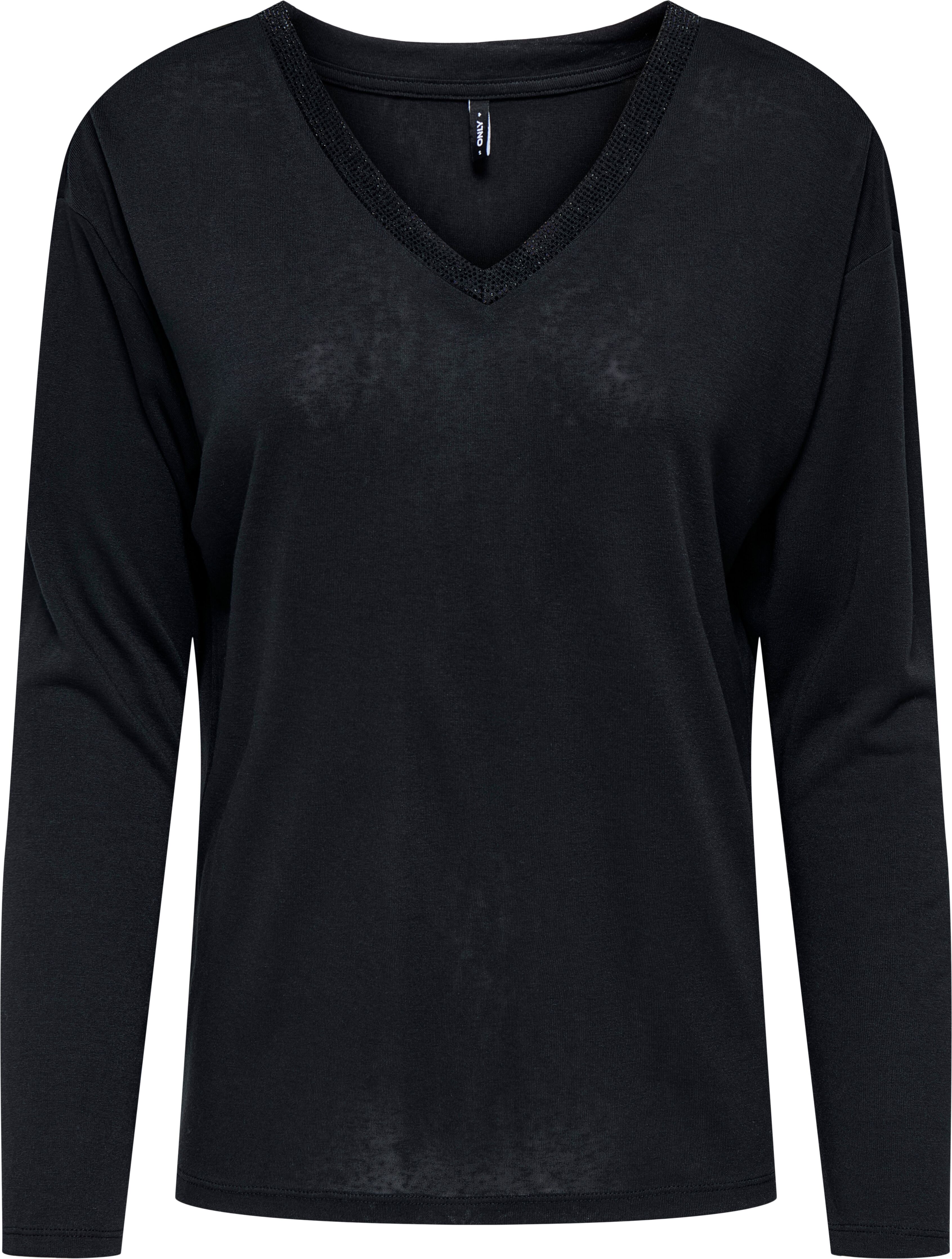 Langarmshirt ONLY "ONLHENRIETTA L/S V-NECK SHINE TOP JRS", Damen, Gr. XS, schwarz (schwarz detail:schwarz rhinestones), Jersey, Obermaterial: 70% Viskose, 30% Polyester, unifarben, regular fit, V-Ausschnitt, Shirts Langarmshirt schwarz detail:schwarz rhin
