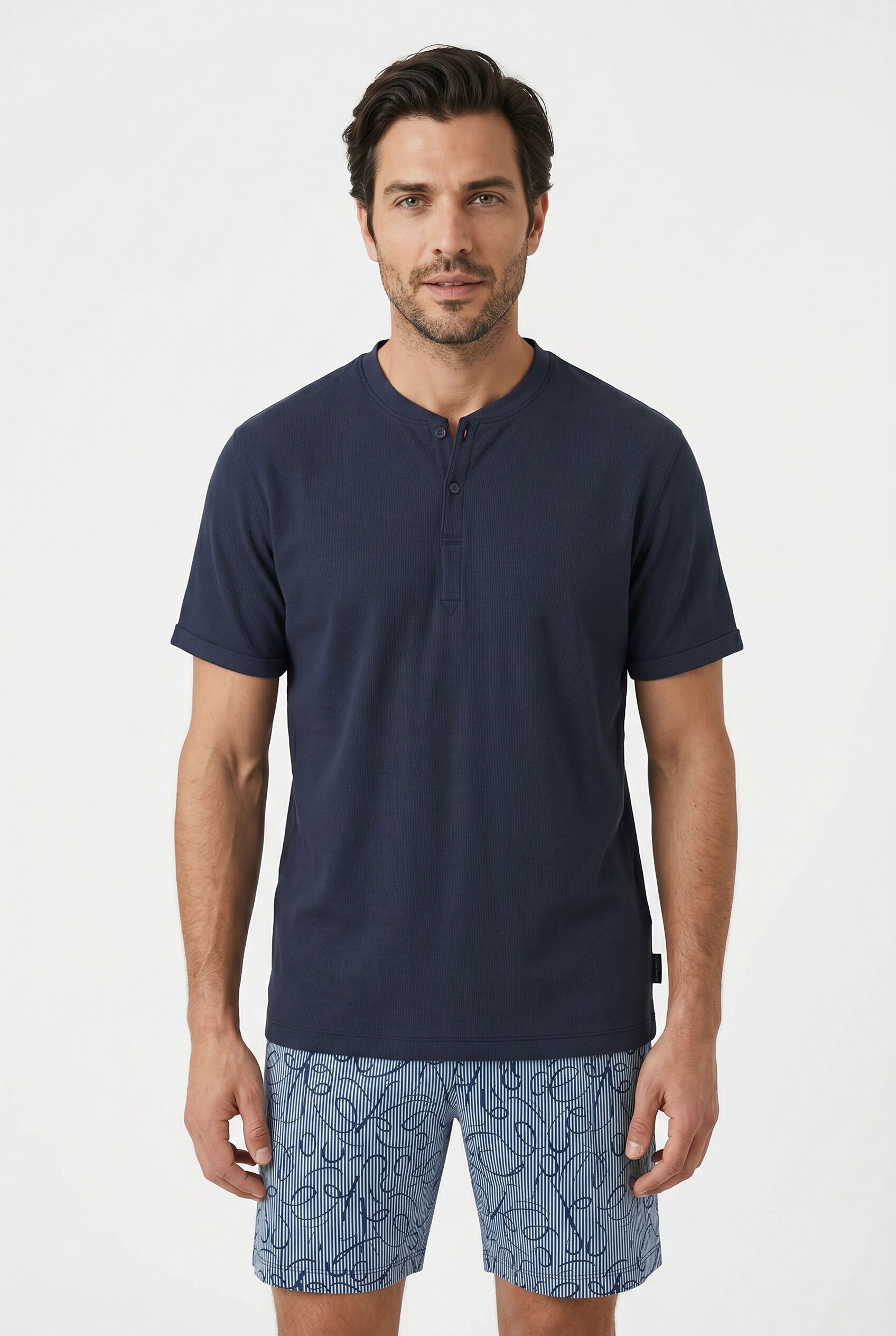 Shorty TOM TAILOR, Herren, Gr. 58, blau (blau, mittel, allover), Single Jersey, Obermaterial: 100% Baumwolle, Homewear-Sets Shorty, aus Baumwolle, Single Jersey, Sleepwear blau, mittel, allover 58