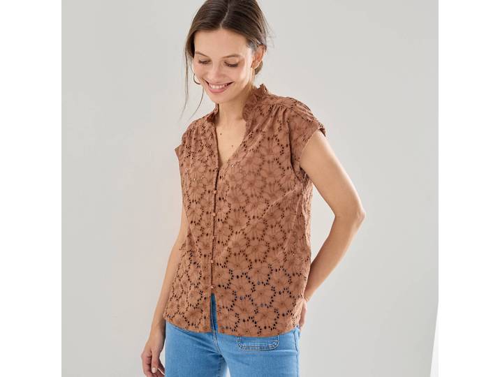 Chemisier manches courtes col volanté, broderie anglaise - Blancheporte