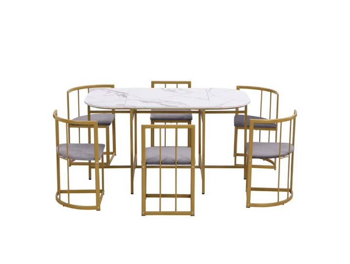 Ensemble table blanche +6 chaises à dossier rembourrées gris structure métal doré ensemble repas style moderne