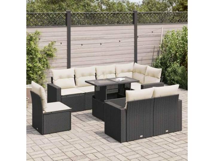 KTHLBRH Gartenmöbel-Set 9-teilig mit schwarzen Kissen aus Polyrattan Verstellbare Tischplatte, Aufbewahrungsbox, abnehmbare Kissen waschbar, pulverbeschichteter Stahl