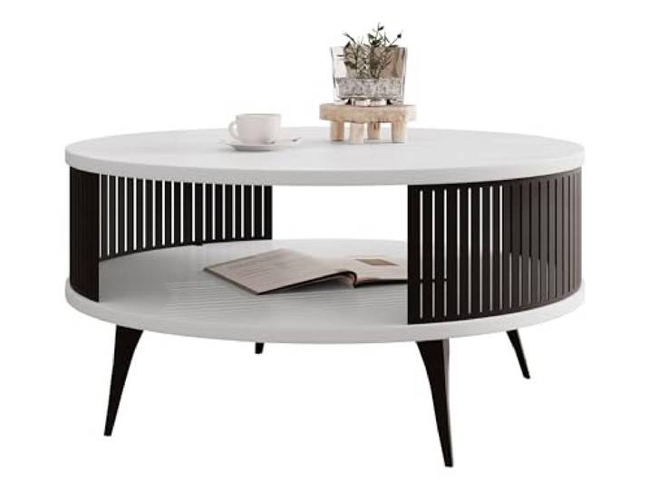 Mirjan24 Couchtisch Rajkon, runde Form (Arktisches Weiß, Schwarz) Moderner Wohnzimmertisch mit praktischer Ablage, stabilem Stahlgestell und pflegeleichter Oberfläche