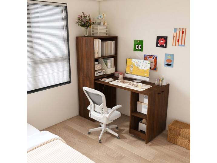 Bureau extensible noyer avec armoire de rangement bureau pliant dessus extensible et étagères réglables pour chambre et bureau