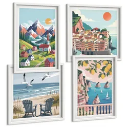 BILDER SET 4er Set - 50x50 cm & 40x60 cm Weißer Rahmen - Farbenfrohe Berge und Küstenstädte