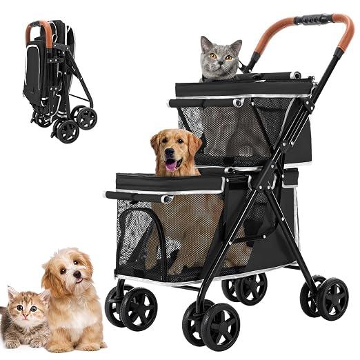 Hundebuggy Faltbar, Hundewagen Haustier Kinderwagen Hundebox Klappbar, Haustiere Buggy Geeignet für kleine Hunde und Katzen unter 20 kg (Schwarz)