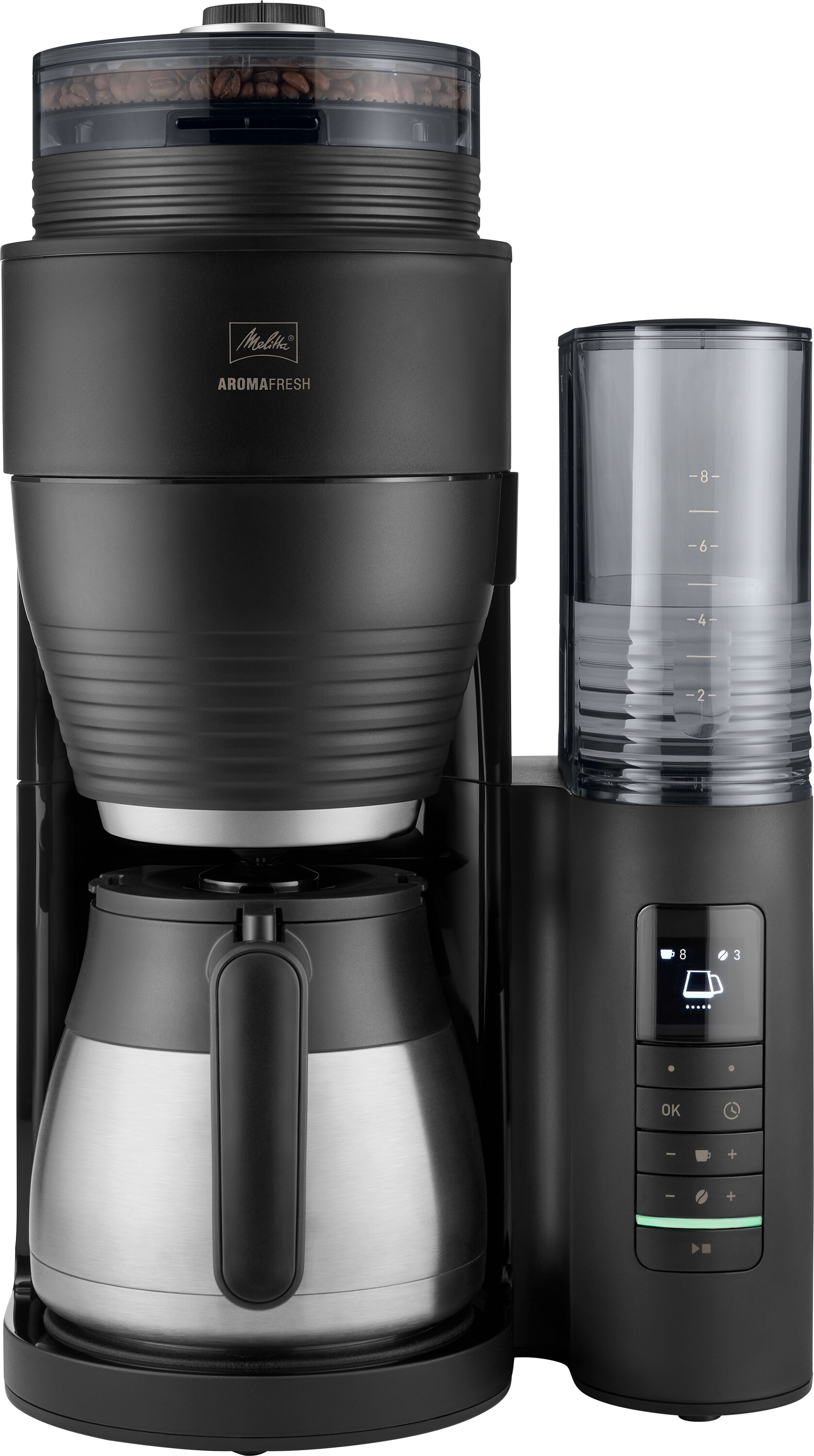 Melitta Aromafresh PRO X, Filterkaffeemaschine, 1,25 l, Kaffeebohnen, Gemahlener Kaffee, Eingebautes Mahlwerk, 1080 W, Schwarz