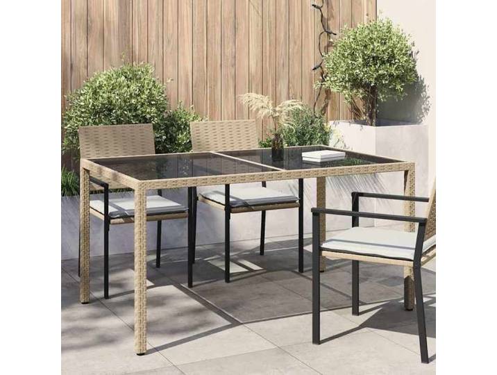 Table de jardin en résine tressée - - 150x90x75 cm - Verre trempé - Beige et noir - Résine tressée