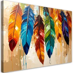 LEINWANDBILD Bunte Federn Farbeffekt beige 120x80cm