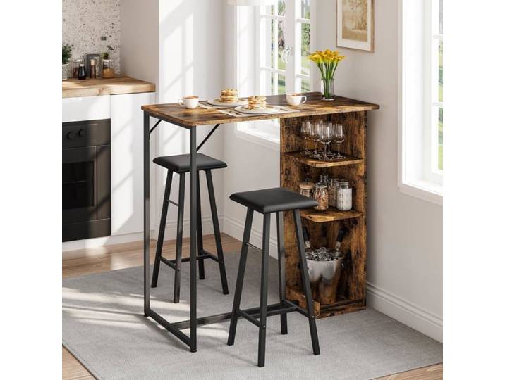 Table de bar avec 2 tabourets de bar rembourrés table 91x50x90 cm avec 3 compartiments de rangement pour bar salon Marron