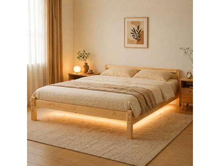 FurnitureR Massivholz Doppelbett 140x200 cm mit LED Beleuchtung, Kiefernholz Bettgestell, Niedriges Kopfteil, Stabile Lattenrost-Unterstützung, Bett mit Stauraum, Natur