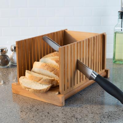 Bamboo Bread Slicer- Foldable, Adjustable Knife Guide and Board for Cutting Loaves Evenly- Classic Cuisine
