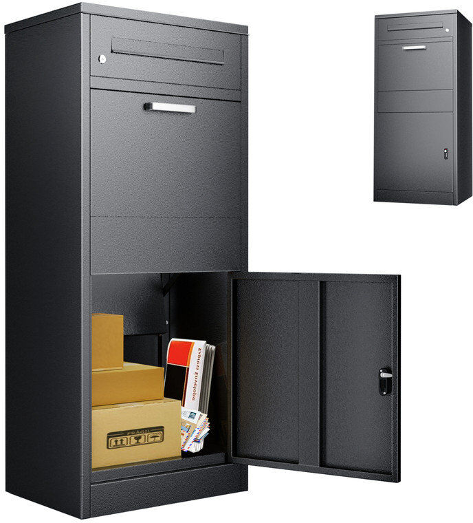 Gaonala Large Galvanised Steel Parcel Drop Box, Anti-Theft Waterproof Lockable Outdoor Parcel Storage Locker for Front Garden Porch (53×42×120cm, Black) Stainless Steel 120cm H X 53cm W X 42cm D