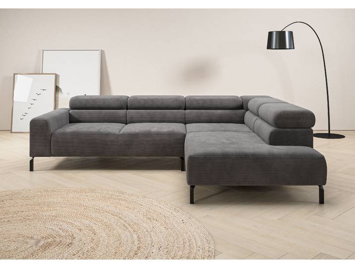 Ecksofa, Cord, Dunkelgrau, 276×219 cm, Elektrische Sitztiefenverstellung, Modern, Places of Style
