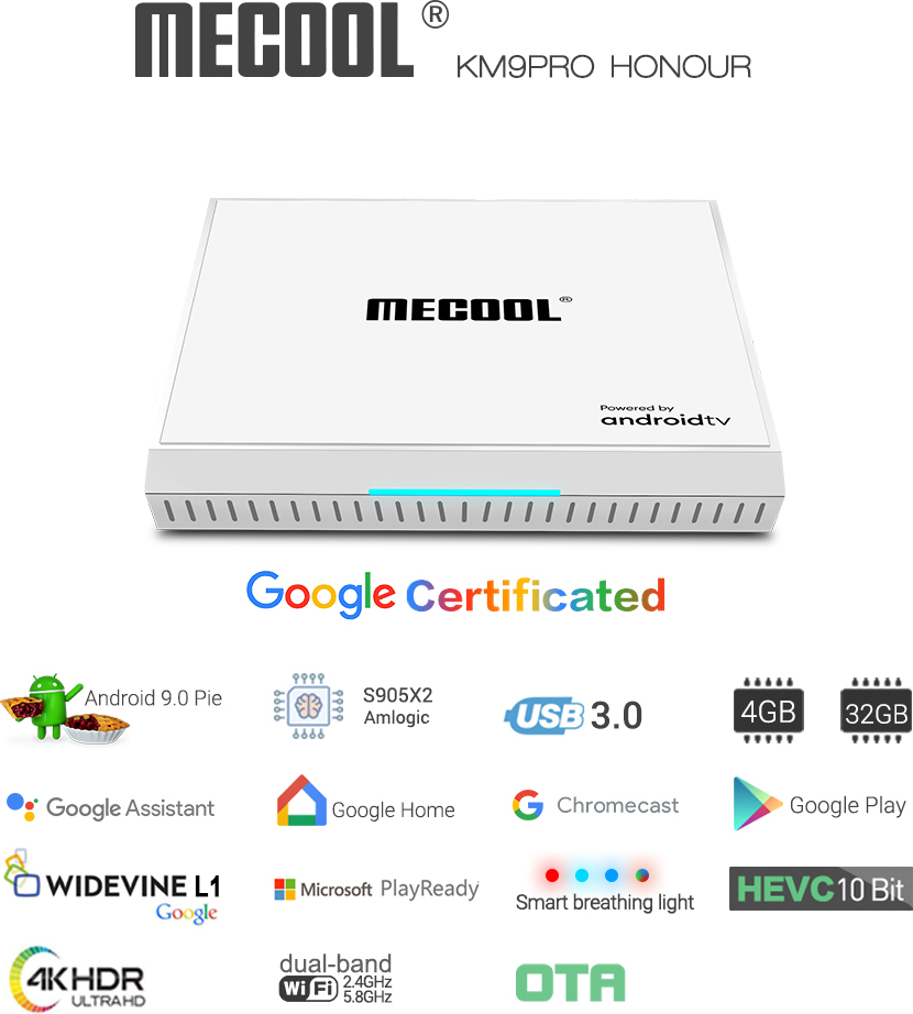 MECOOL KM9 Pro Honour TV Box Google e Sprachsteuerung mit 4GB RAM+32GB ROM Unterstützung für Cast und 4K HDR white_ EU-Stecker