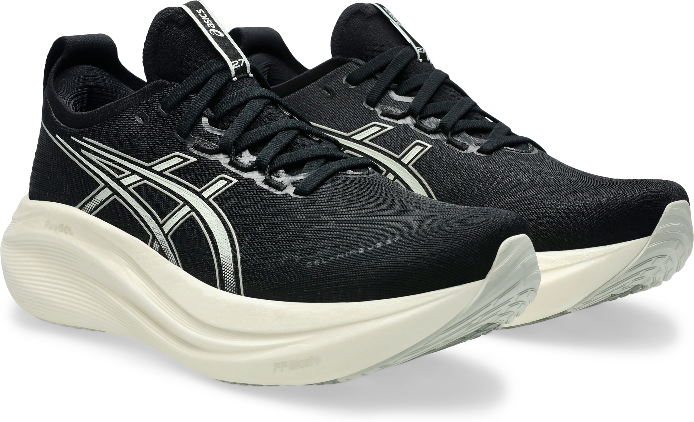 Laufschuh ASICS "GEL-NIMBUS 27", Herren, Gr. 42, schwarz (schwarz, lake grau), Textil, Schuhe Laufschuh, Kombination aus PureGEL Technologie und FF BLAST PLUS Foam schwarz, lake grau 42