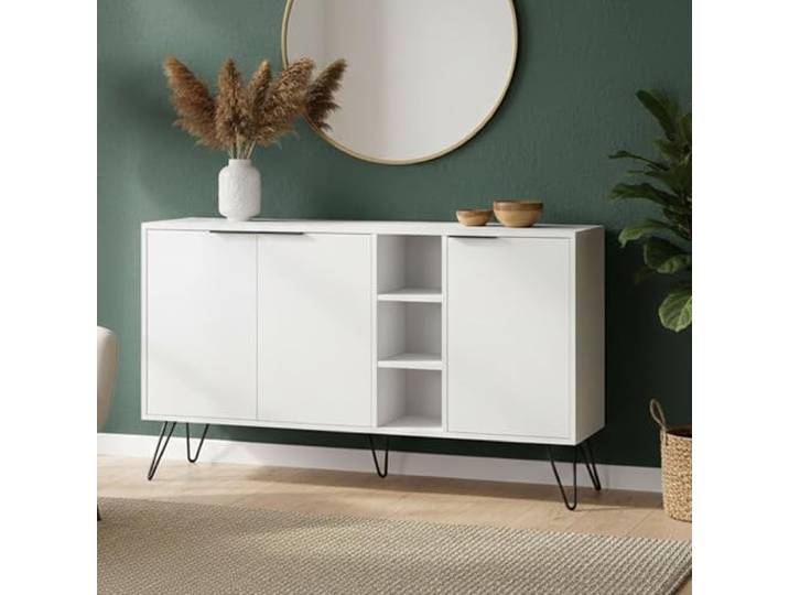 Dmora Sideboard Perseus 142x35,6x83h cm Weiß 4 Böden, 3 Türen