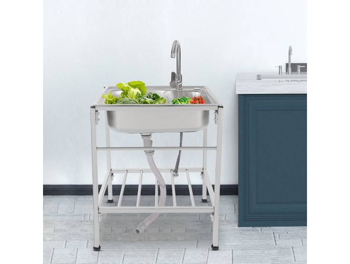 Évier de cuisine en acier inoxydable, établi d'extérieur autoportant à cuvette unique avec 360 ° Robinet rotatif, éviers carrés de cuisine