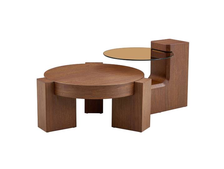 Evryae Couchtisch rund zweistöckig Sicherheitsglas MDF L-förmig nestbar Stauraum braun, Walnussfarben, Rund,Rund, Sockel, 61x30x61 cm, Wohnzimmer, Wohnzimmertische, Couchtische