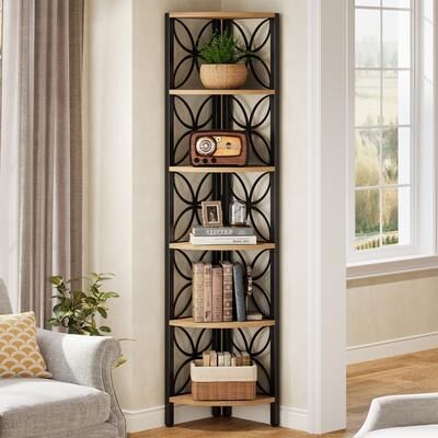 YUZHOU "6-Tier Corner Shelf, Industrial 70.9"" Rustic Corner Bookshelf Display Shelf"
