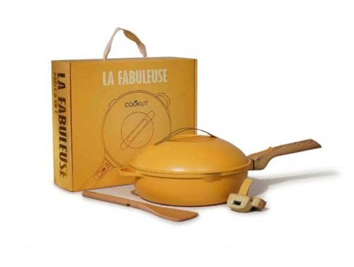 COOKUT - Die fabelhafte 8-in-1-Pfanne – ein einziges Utensil, das Pfanne, Topf, Schmorpfanne ersetzt – mit 2 abnehmbaren Griffen, Dampf-/Frittierkorb, Holzspatel – Mango