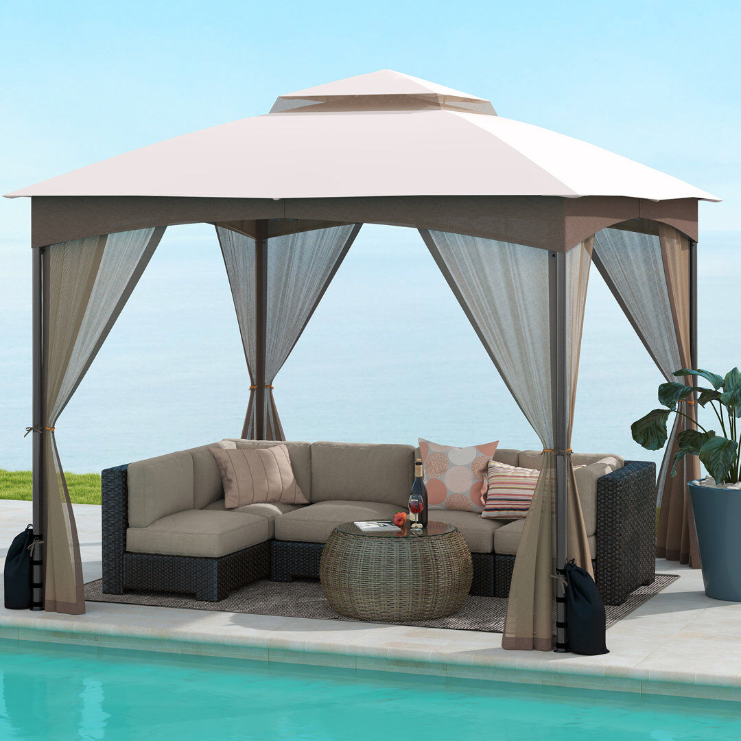 casart 296 X 296 Cm Patio Gazebo With Netting Walls Metal Frame Outdoor Pavilion Shelter Khaki 296cm W X 296cm D X 274cm H