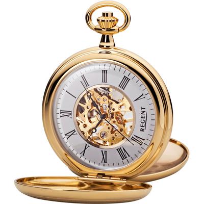Taschenuhr REGENT "P701-19363040", gold (goldfarben), Taschenuhren, Damen, Taschenuhr, Herrenuhr, Handaufzug, skelettiertes Zifferblatt, Geschenkidee