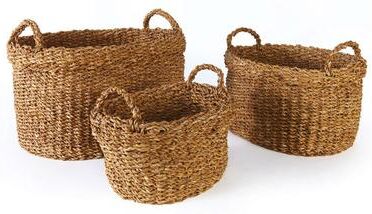 Porch & Petal Seagrass Oval Baskets With Handles & Cuffs, Set Of 3