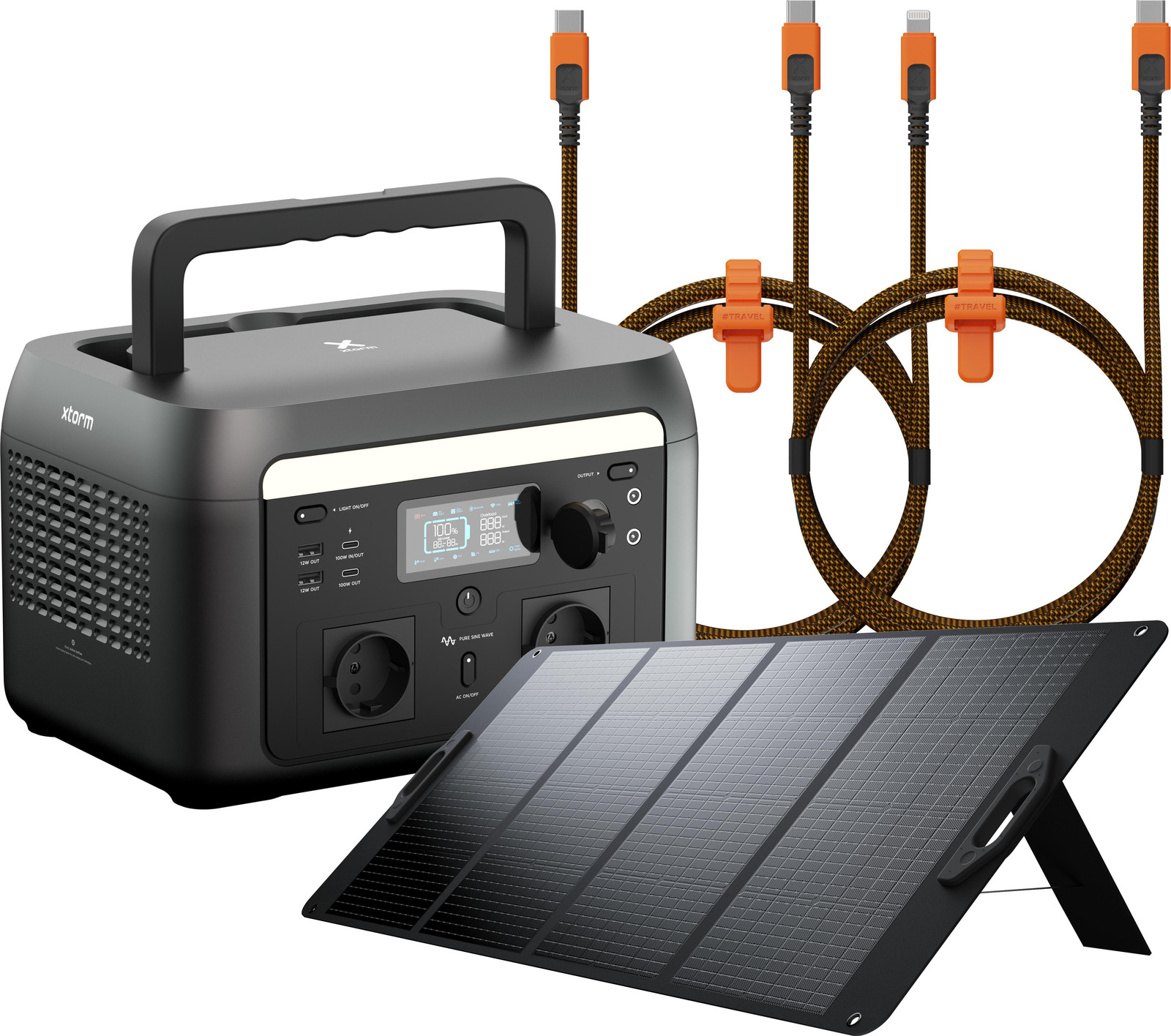 Xtorm Portable Powerstation 600W met 200W Vouwbaar Zonnepaneel en USB-C naar Lightning en USB-C Kabels