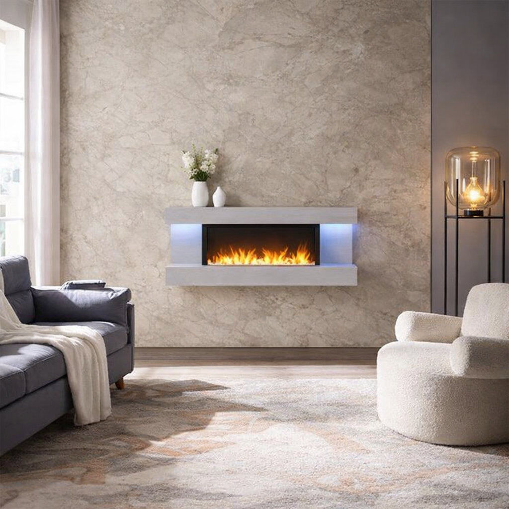 FLAMME Wall Mounted Electric Fire and Surround, Kingston Cement Grey 60cm H x 152cm W x 25cm D