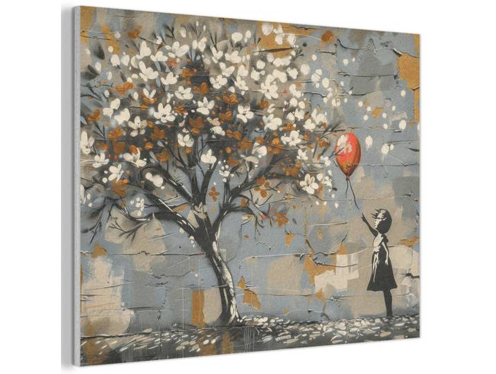 MuchoWow Akustikbild - Baum - Graffiti - Banksy-Stil - Ballon-Mädchen - 100x70, Blaugrau, Kunststoff, Rechteckig, 100x70x0.9 cm, Wandverkleidung, Akustikpaneele